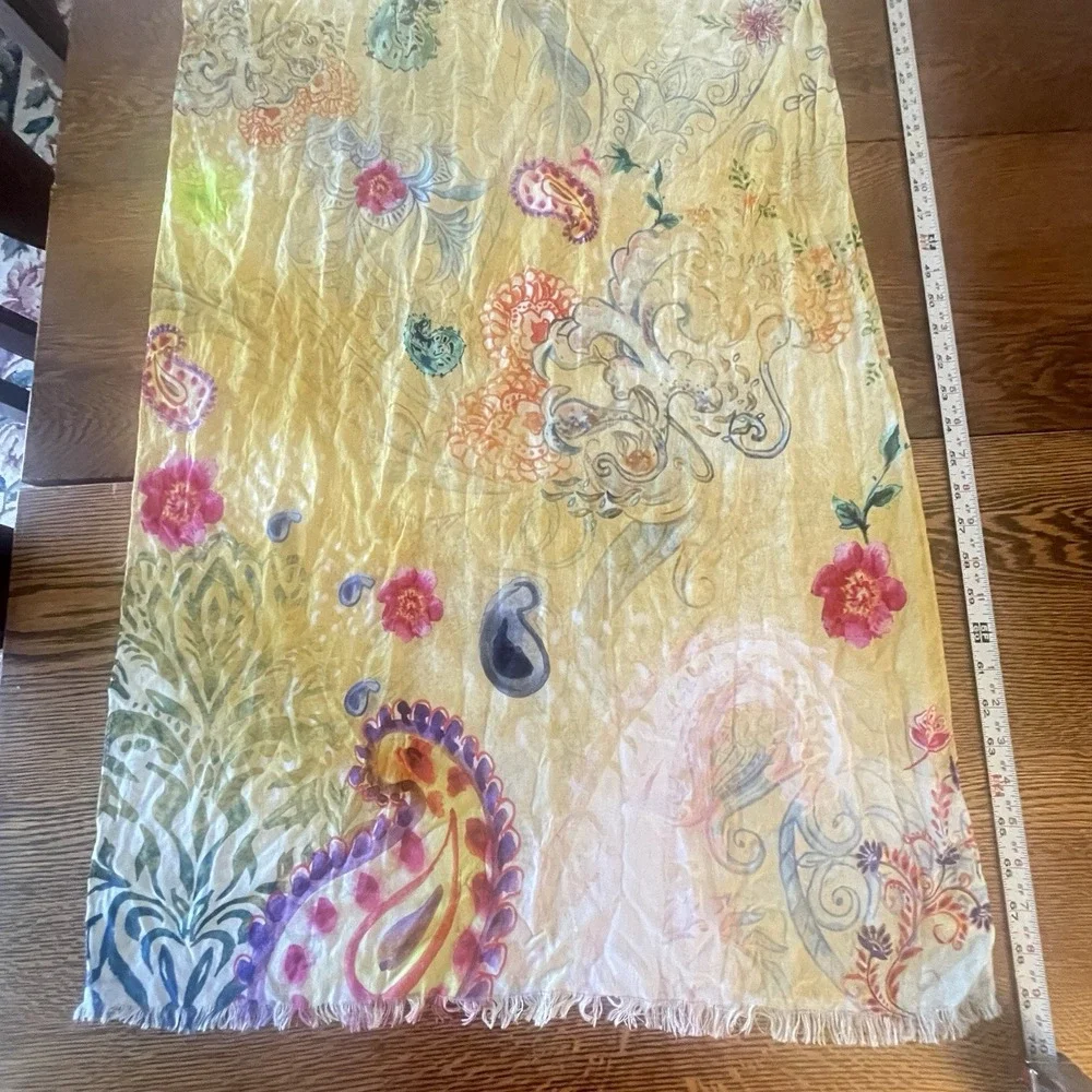 Chico's Floral Paisley Square Scarf Sheer Raw Hem Yellow Multi-Color Lightweight